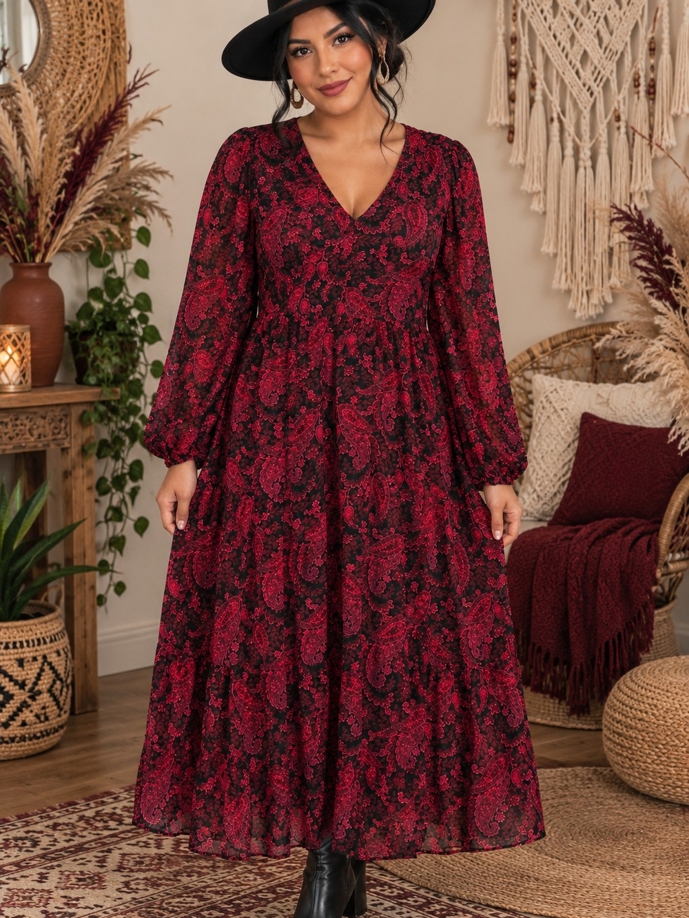 torrid Burgundy and Black Paisley V‑Neck Maxi Dress